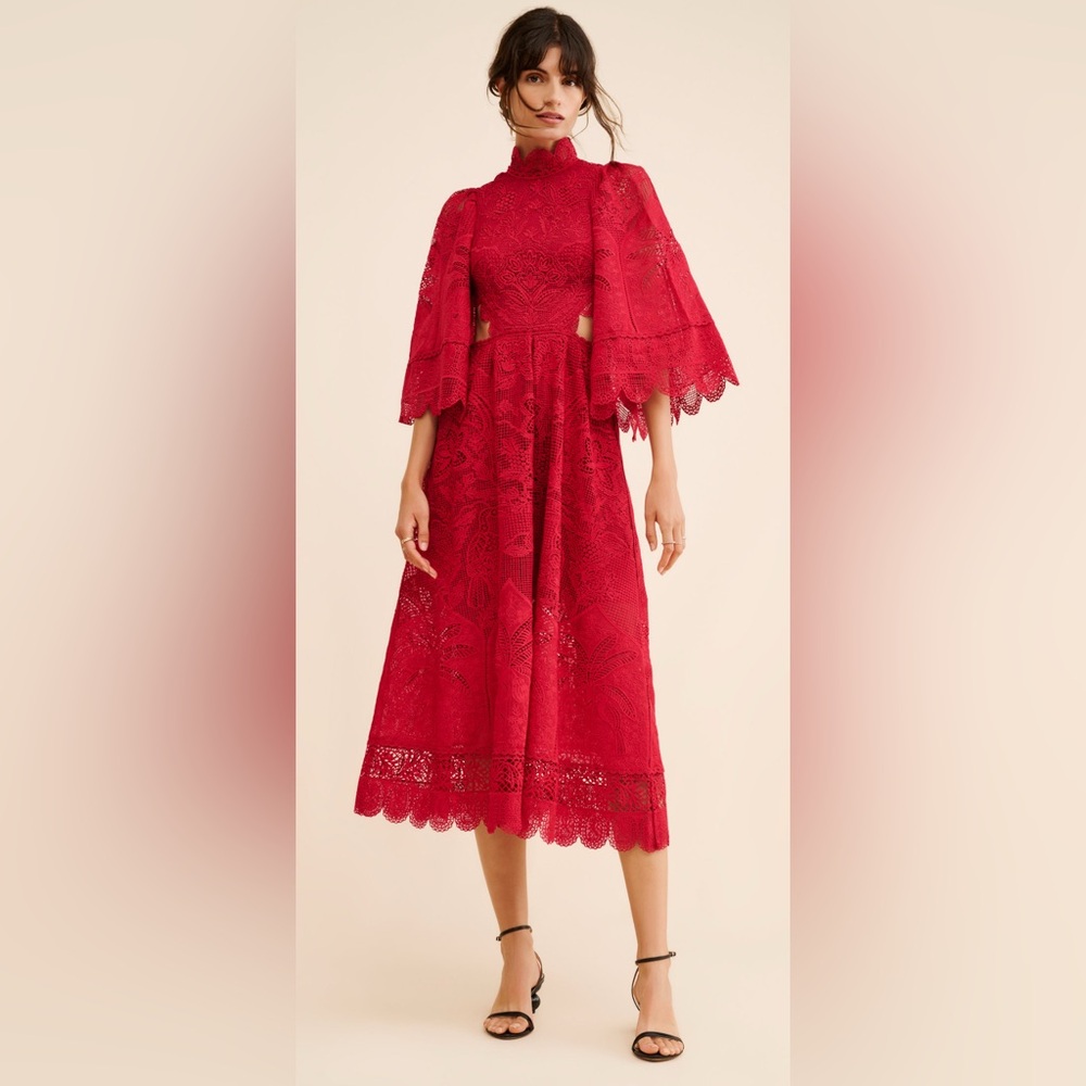 FARM Rio Red Guipire Cut-Out Midi Dress